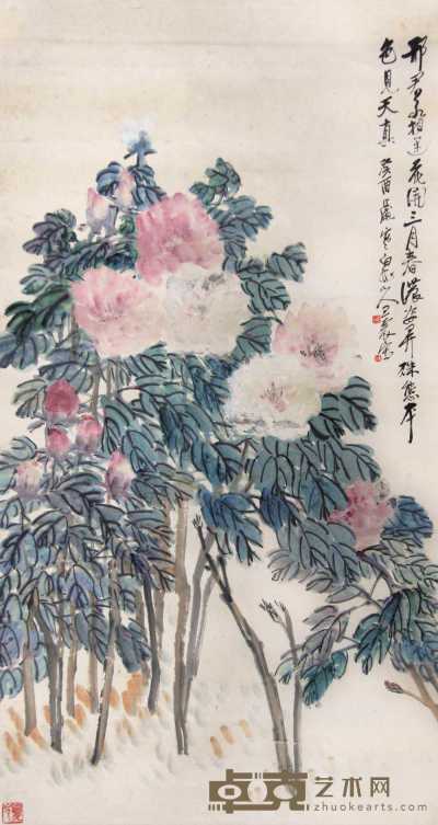 王震 癸酉（1933年）作 国色天香 立轴 147×80cm